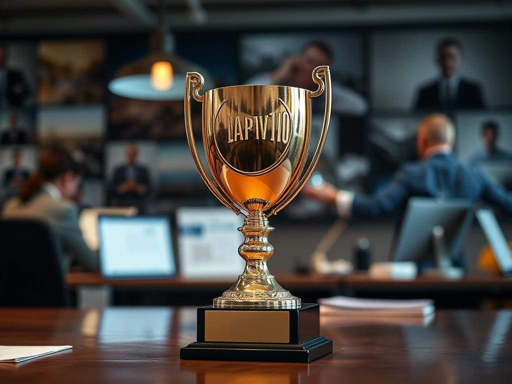A close-up shot of an award trophy on a desk, symbolizing excellence in service. The background should subtly feature images of the team at work, emphasizing dedication and professionalism. The image should be warm and inviting, captured with a 45mm f/1.2 lens.