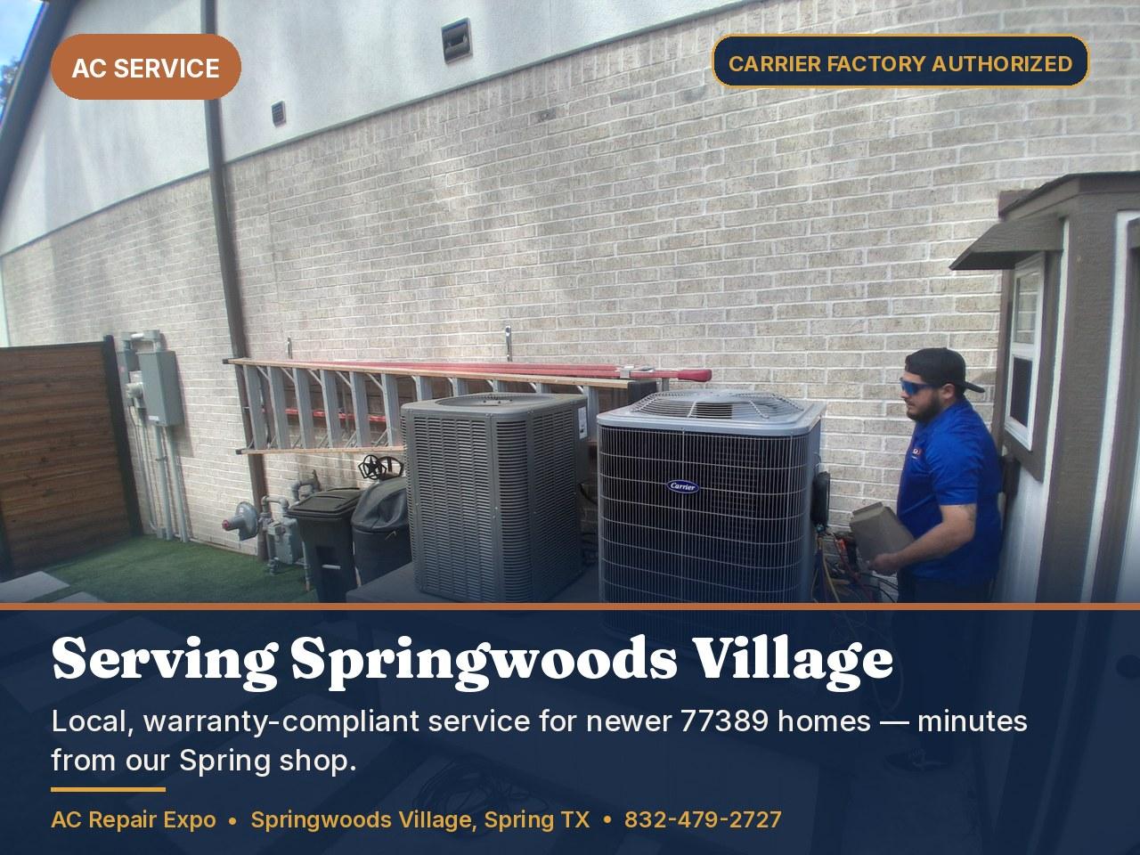 Expo technician servicing an outdoor Carrier AC condenser at a newer home, serving Springwoods Village in Spring TX