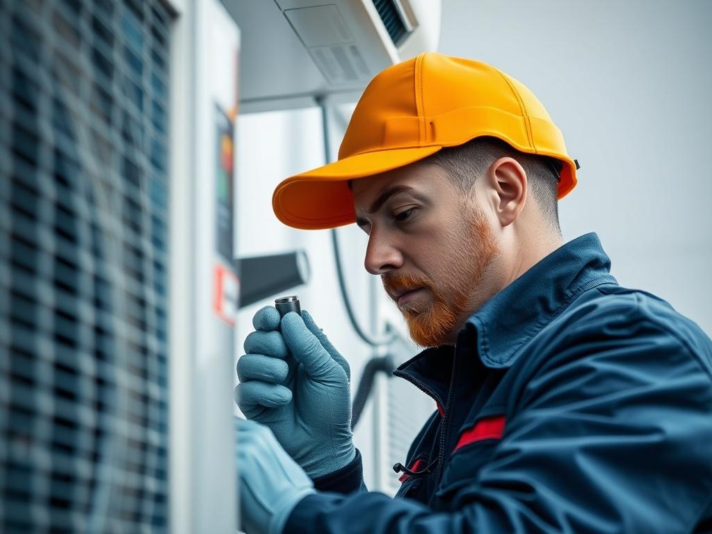 A close-up shot of a professional HVAC technician working on an air conditioning unit, showcasing their expertise and attention to detail. The technician is wearing a uniform and using tools with precision. The background is clean and simple, emphasizing the technician's focus and skill in HVAC services. The color scheme features shades of blue to align with the primary color rgb(2, 86, 197). Shot with a 45mm f/1.2 lens for a hyper-realistic effect.