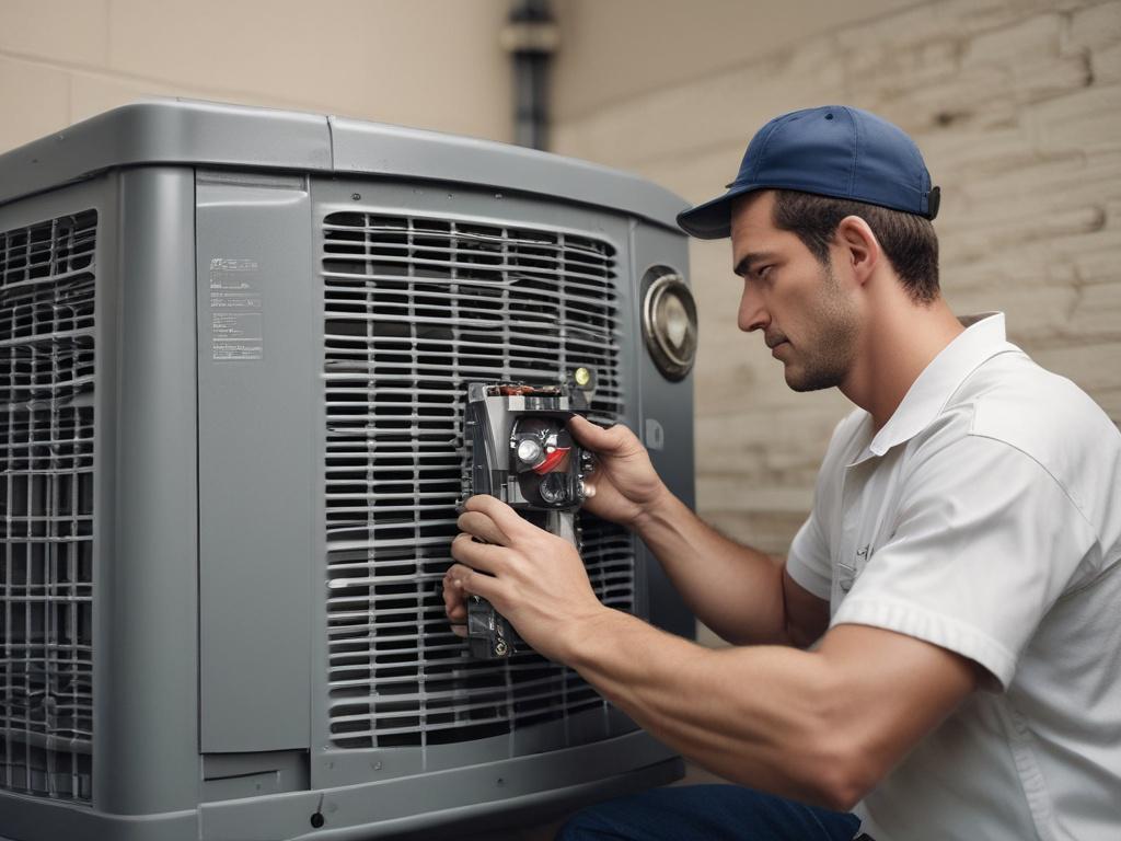 A high-resolution close-up image of a technician performing maintenance on an HVAC unit in a residential setting. The technician should be shown inspecting the unit with tools, while the background should display a well-maintained home environment. The image should be hyper-realistic, captured in 45mm f/1.2 lens style.