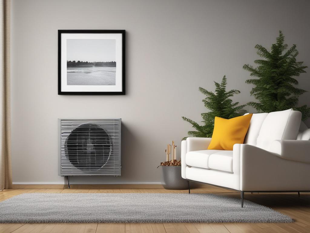 A high-resolution close-up image of a modern high-efficiency heating unit installed in a cozy home setting. The image should highlight the unit's design and features, with a warm, inviting interior as the background, captured in hyper-realistic detail using a 45mm f/1.2 lens style.