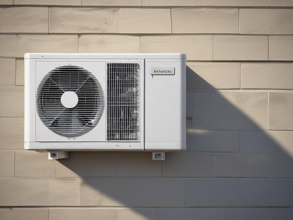 A high-resolution close-up image of a modern energy-efficient air conditioning unit installed on a residential home. The focus should be on the sleek design and details of the unit, with a clear blue sky in the background. The image should have a hyper-realistic quality, shot with a 45mm f/1.2 lens style.