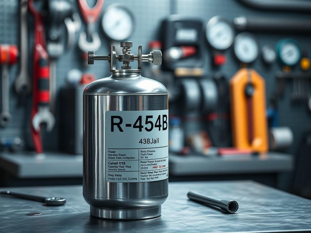 Create a realistic high-resolution photo to accompany a blog titled "Choosing the Right HVAC Refrigerant: R-454B vs. R-32." The focal point of the image should be a close-up shot of a modern HVAC refrigerant container prominently labeled with R-454B, positioned on a utility table in a professional workshop environment. The container should have a metallic finish, with clear and detailed labeling that showcases its specifications, but without any text overlays.

In the background, subtly include soft-focus e