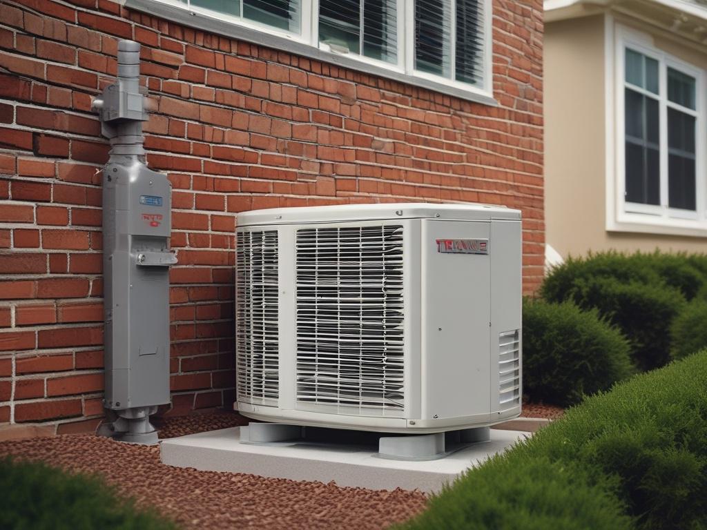 A high-resolution close-up shot of a sleek Trane or Carrier HVAC unit installed outside a home, showcasing its modern design and efficient features. The background should feature a well-maintained yard, emphasizing the unit's integration into a comfortable home environment. The image should highlight the quality and reliability of the product, and be compatible with the primary color rgb(2, 86, 197).