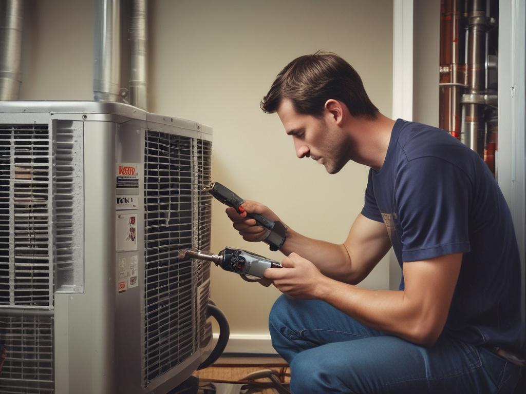 A high-resolution close-up shot of a technician from Expo Heating and Cooling Inc, equipped with tools, performing maintenance on a modern HVAC system in a home setting. The background should be a clean and organized utility room, emphasizing professionalism and expertise. The technician should be focused on their work, wearing a uniform with the company logo. The image should capture the essence of quality service and attention to detail, compatible with the primary color rgb(2, 86, 197).