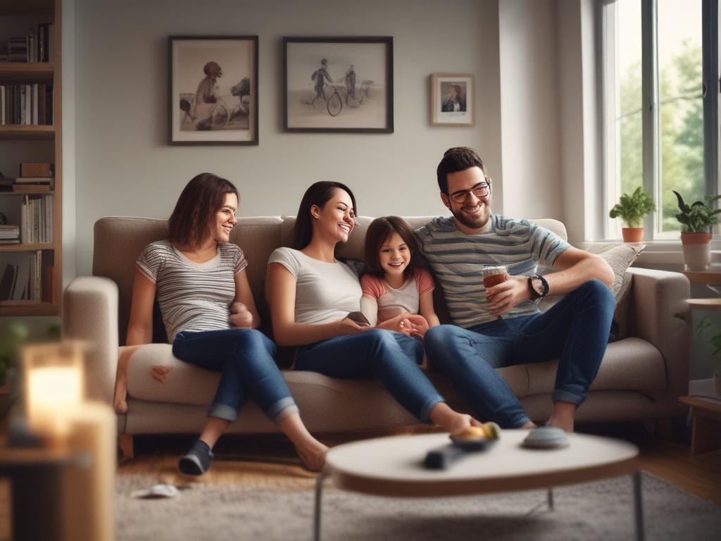 A high-resolution close-up image of a happy family relaxing in their living room, enjoying the comfortable climate provided by a modern HVAC system. The room should be well-lit, showcasing a cozy atmosphere with comfortable furniture. The family should appear content and at ease, reflecting the comfort that Expo Heating and Cooling Inc provides. The image should convey warmth and satisfaction, perfectly aligning with the primary color rgb(2, 86, 197).
