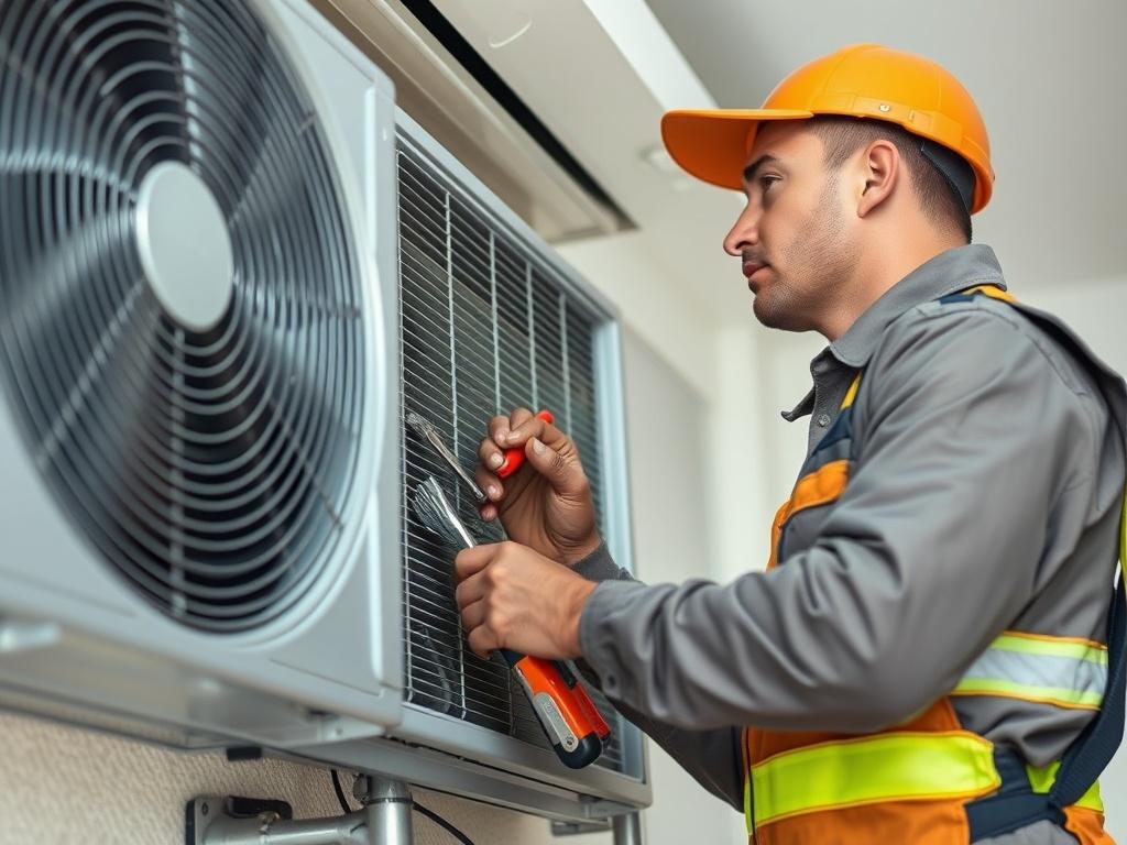 A close-up shot of a professional HVAC technician repairing an air conditioning unit. The technician is focused on the unit, wearing a uniform and safety gear, with tools in hand. The background should be slightly blurred to emphasize the technician and the AC unit, showcasing a clean and organized work environment.