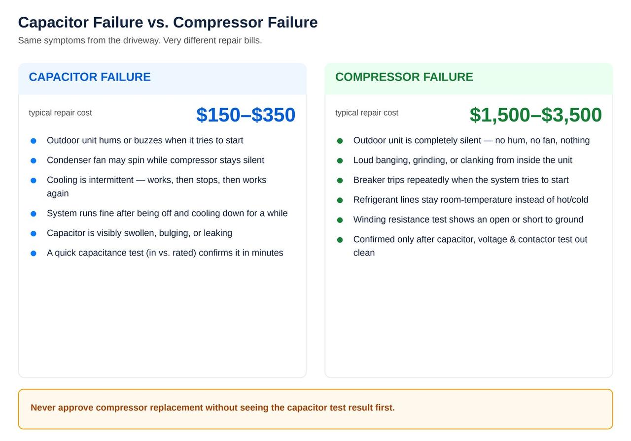 Capacitor failure vs compressor failure symptom and cost comparison chart