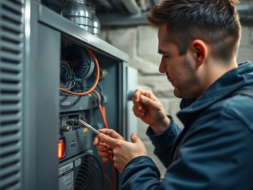 A focused image of a technician working on a heating unit in a basement. The technician is using tools to inspect and repair the unit, with visible heating components. The background is slightly blurred, emphasizing the technician and the equipment.