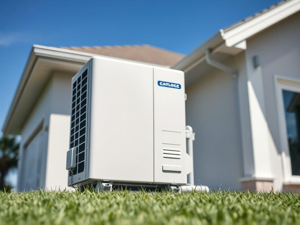A high-resolution image of a newly installed air conditioning unit outside a modern home. The unit is sleek and shiny, with a clear blue sky in the background. The focus should be on the air conditioning unit, highlighting its features, with a well-maintained lawn around it.