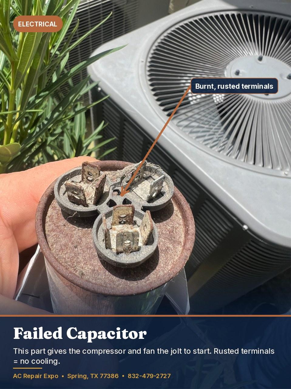 Failed AC capacitor with burnt rusted terminals pulled from a Spring TX condenser