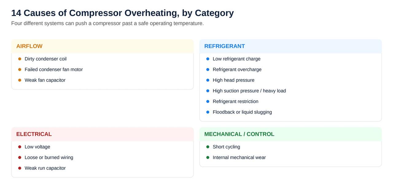 14 causes of AC compressor overheating grouped by category
