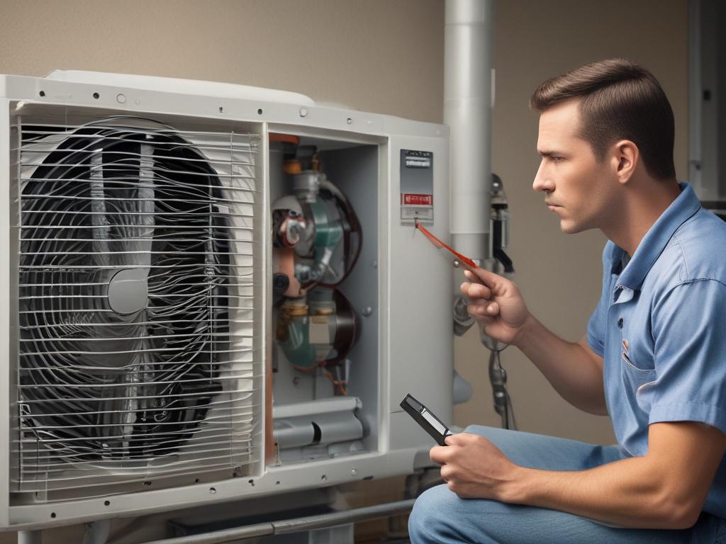 A high-resolution close-up shot of a technician performing HVAC maintenance on an air conditioning unit in a residential setting. The technician is inspecting the unit, with tools in hand, wearing a professional uniform. The background should subtly depict a well-maintained home, with a lush garden visible, emphasizing a sense of comfort and reliability. The image should be rendered in hyper-realistic quality, focusing on the technician's meticulous work on the HVAC system.
