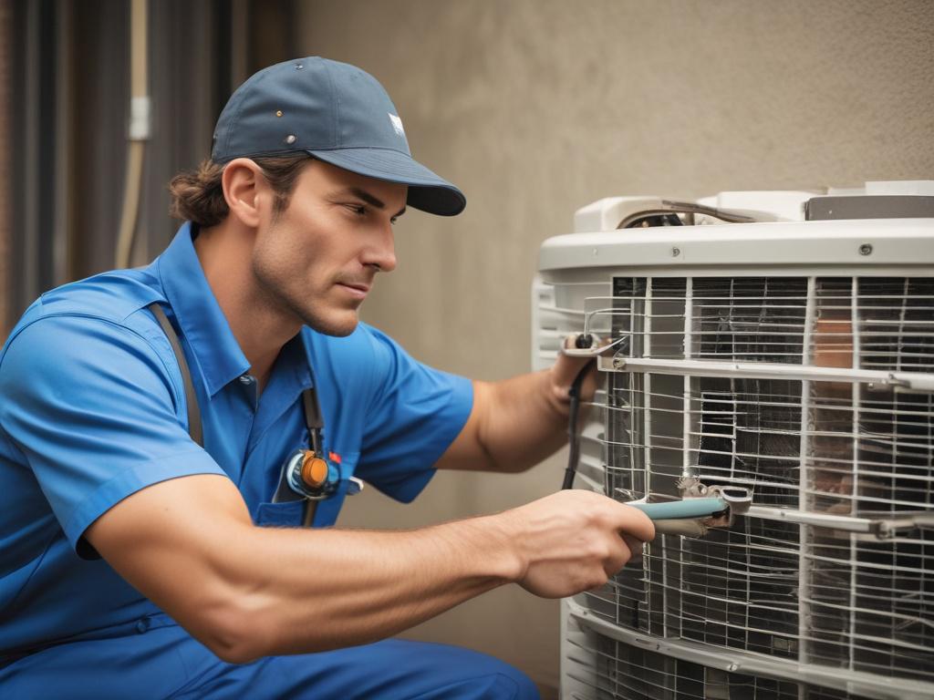 A close-up shot of a certified HVAC technician repairing an air conditioning unit in a residential setting. The technician is wearing a professional uniform and using tools to fix the unit. The background features a well-maintained home environment with greenery. The image is hyper-realistic and focuses on the technician's skilled hands and the equipment, shot with a 45mm f/1.2 lens style.