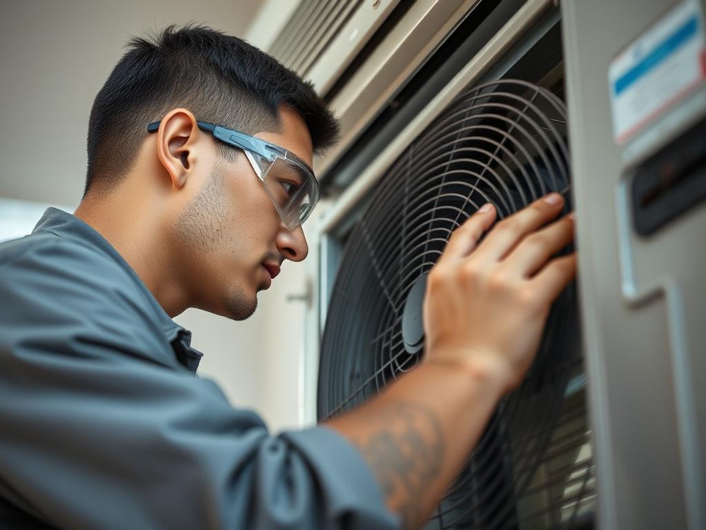 A close-up shot of a professional HVAC technician working on a modern air conditioning unit, showcasing intricate details of the equipment. The technician wears a branded uniform and safety goggles, focused on their task. The background is a well-maintained home environment with soft natural lighting, emphasizing a sense of reliability and professionalism. The composition is clear, with the technician as the central subject.