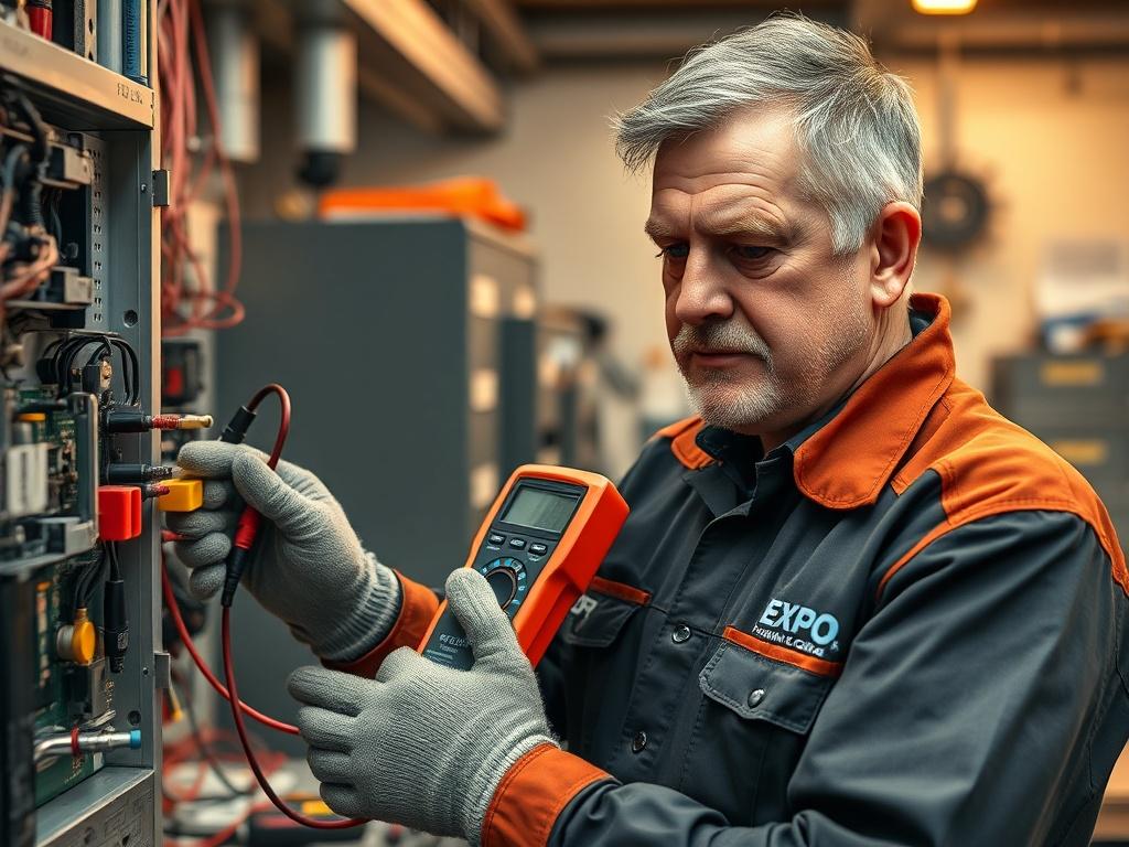 **AI Image Generation Prompt:**
Create a realistic high-resolution photograph featuring a seasoned HVAC technician in a well-lit workshop setting. The technician, a middle-aged man with a focused expression, is performing a diagnostic test on a control board, showcasing a detailed low-voltage circuit board. He should be visibly engaged in his work, with one hand holding a digital multimeter and the other tracing a wire leading from the control board. 
The technician should wear work gloves and a professio