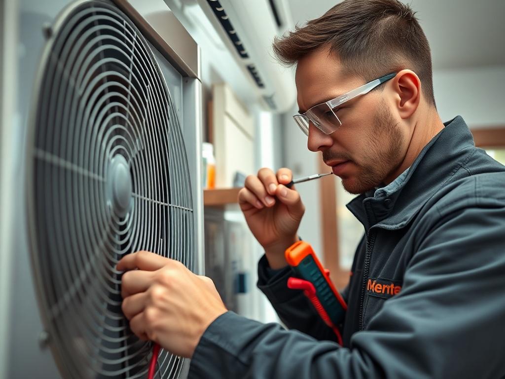 Create a realistic high-resolution photo featuring a close-up shot of an experienced technician working on an air conditioning unit. The technician, wearing a professional uniform and safety glasses, should be focused and engaged in inspecting the AC unit, using tools such as a multimeter and screwdriver. The air conditioning unit should be prominently displayed, showcasing its intricate details and components.

The background should be a clean, well-lit environment, such as a modern home with a subtle hint of greenery visible through a nearby window, conveying a sense of comfort and relaxation. Ensure that the image composition is simple and clear, with the technician as the sole subject, capturing their dedication to maintaining air conditioning systems.

Use a 45mm f/1.2 lens style to create a slight bokeh effect that emphasizes the subject while keeping the background soft and unobtrusive. This composition should visually communicate the theme of "Essential Air Conditioning Repair Tips," conveying professionalism and expertise in air conditioning maintenance and repair.