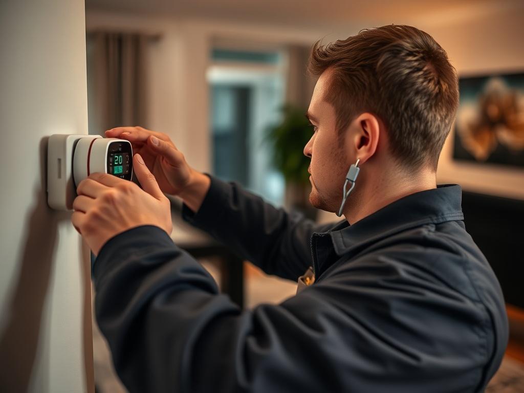 A close-up shot of a professional HVAC technician adjusting a thermostat in a residential setting. The technician is focused and wearing a uniform with the Expo Heating and Cooling Inc. logo. The background features a modern living room with warm lighting, showcasing a cozy atmosphere. The overall tone is inviting and professional, emphasizing the importance of comfort in the home.