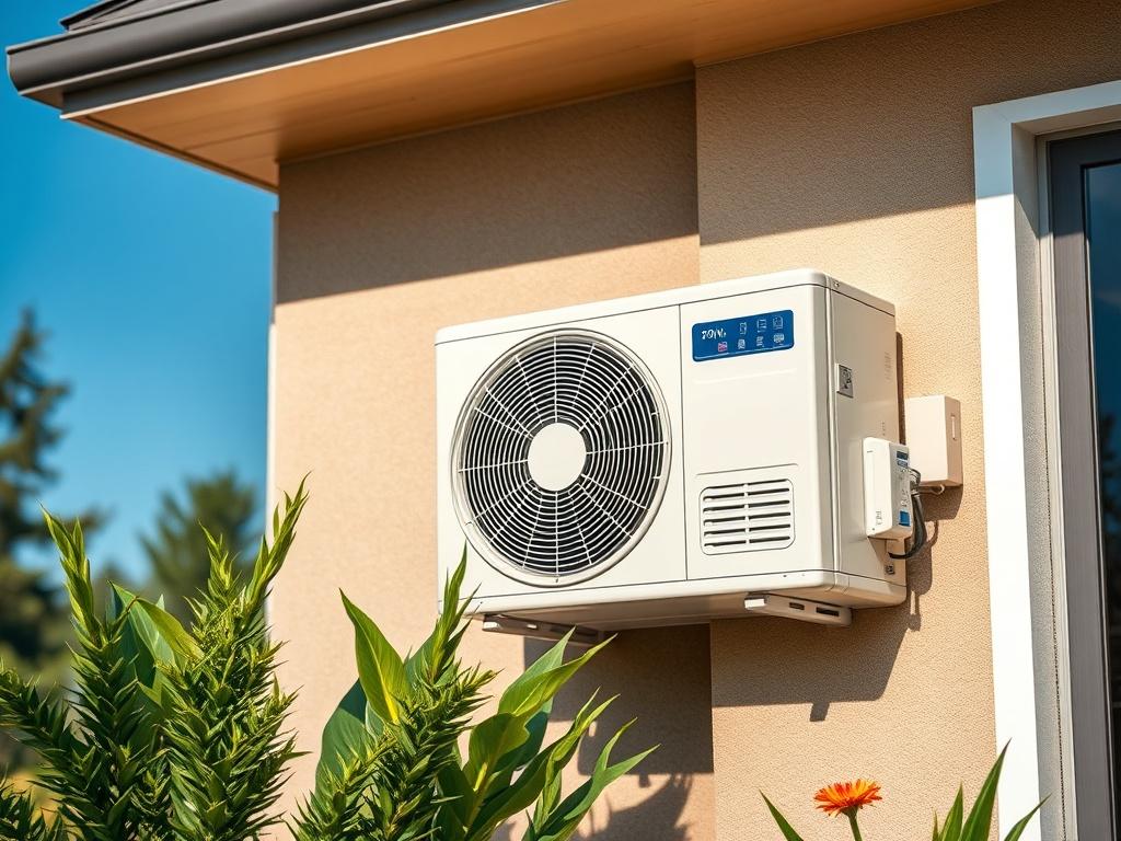 A high-efficiency air conditioner unit installed on a modern home exterior. The image should focus on the air conditioner, showcasing its sleek design, with the background featuring a well-maintained garden and a clear blue sky. The shot should be taken with a 45mm f/1.2 lens for a hyper-realistic effect.
