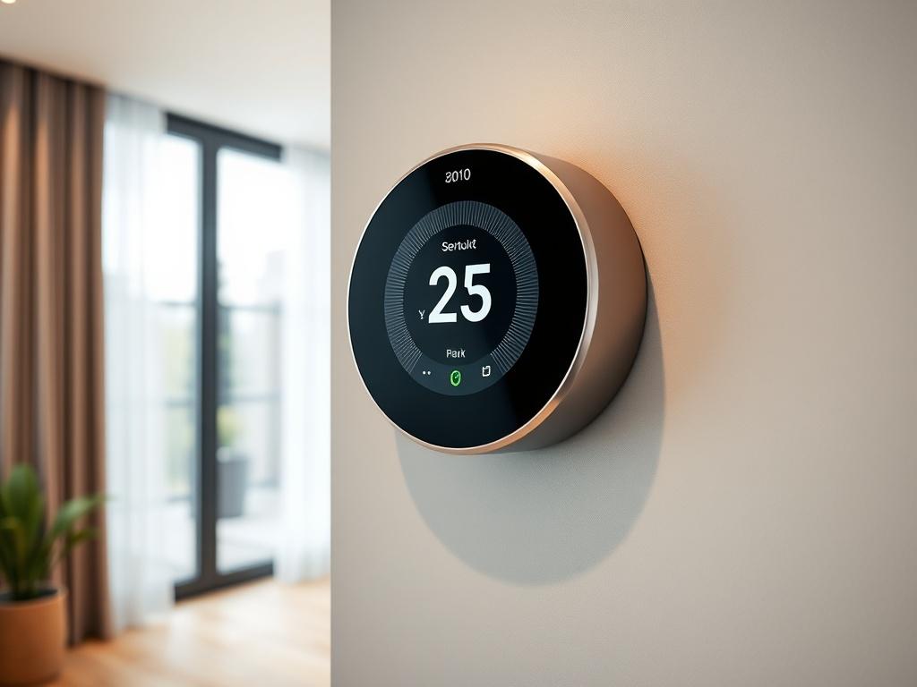 A smart thermostat installed on a stylish wall in a contemporary home. The image should focus on the thermostat, showcasing its sleek interface and modern design, with the background featuring a tastefully decorated room. The shot should be taken with a 45mm f/1.2 lens for a hyper-realistic effect.