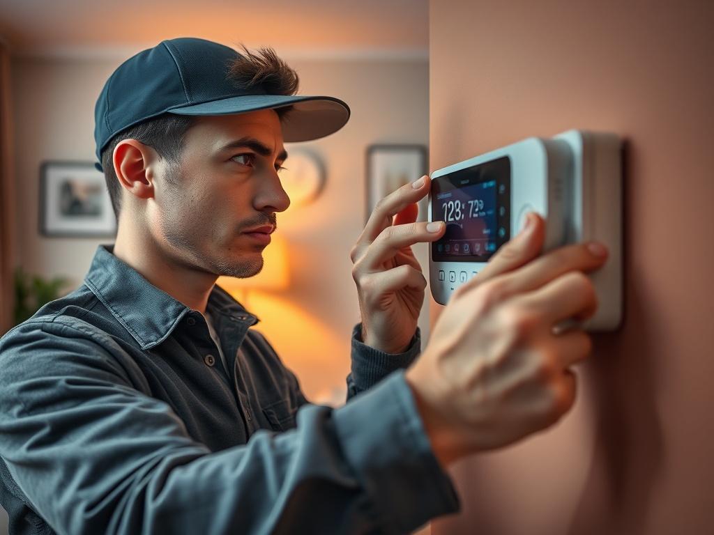 A close-up shot of a professional HVAC technician inspecting a thermostat in a cozy living room, with warm lighting highlighting the comfort of the home. The focus is on the technician's hands adjusting the settings. The background shows a comfortable sofa and wall decor, emphasizing a homely atmosphere.