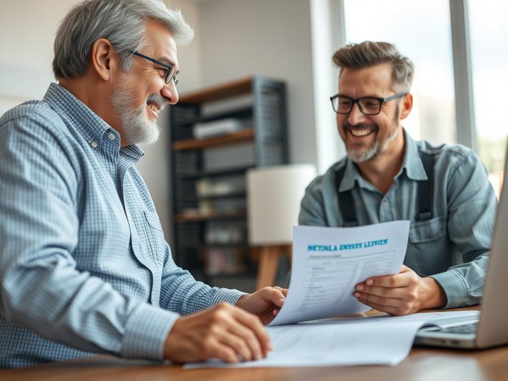A close-up shot of a satisfied customer discussing HVAC pricing options with a friendly technician in a well-lit office. The focus is on their smiles and a visible price list on the table, showcasing transparency and affordability.