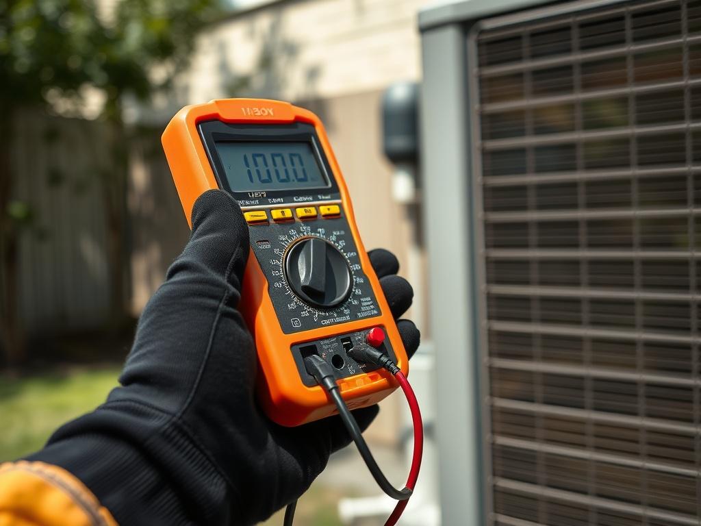 Create a highly detailed, realistic high-resolution image that visualizes a key diagnostic lesson from the field failure examples provided. Focus on a close-up shot of a technician's hand holding a multimeter, testing a contactor in an outdoor HVAC unit. The subject should clearly depict the technician's gloved hand, meticulously examining the wires connected to the contactor. 
In the background, ensure that a well-maintained outdoor HVAC condenser is visible, emphasizing the context of the service call. T