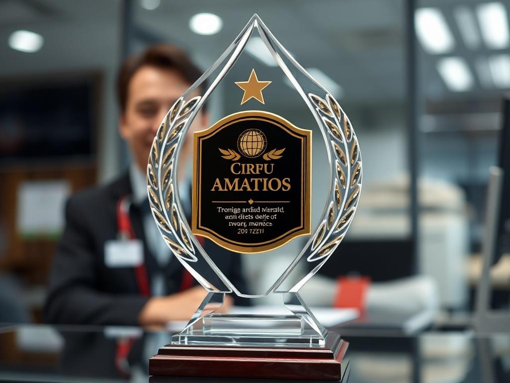 A close-up shot of a prestigious award displayed in a professional office setting, with a soft focus on a smiling technician in the background. The award symbolizes excellence and dedication to quality service.