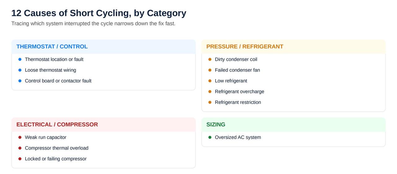 12 causes of AC compressor short cycling grouped by category
