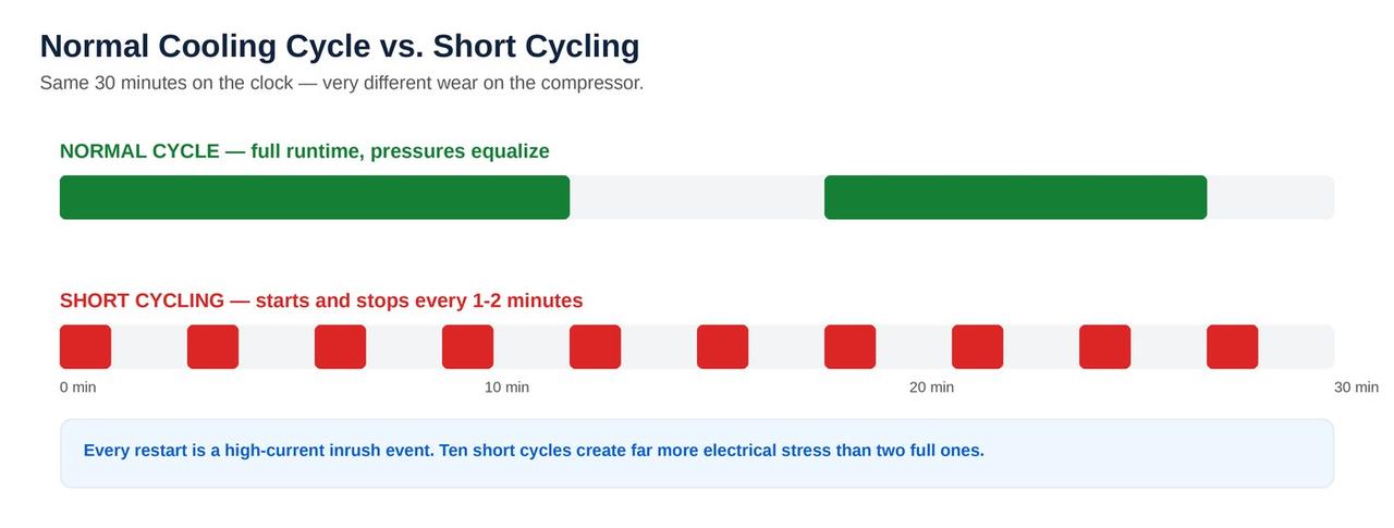 Normal cooling cycle versus short cycling waveform comparison