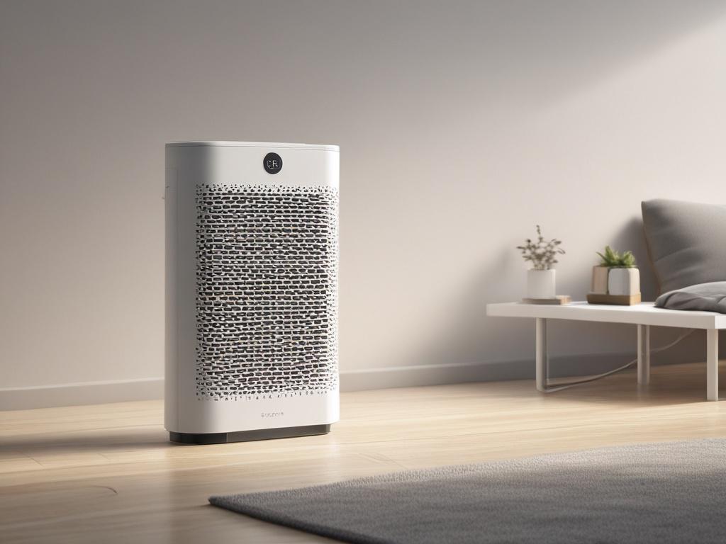 A high-resolution close-up shot of an advanced air purifier in a modern home environment. The air purifier should be sleek and high-tech, showcasing its design features. The background should be softly blurred, highlighting a clean and fresh living space. The lighting should be bright and airy, conveying a sense of cleanliness and well-being.