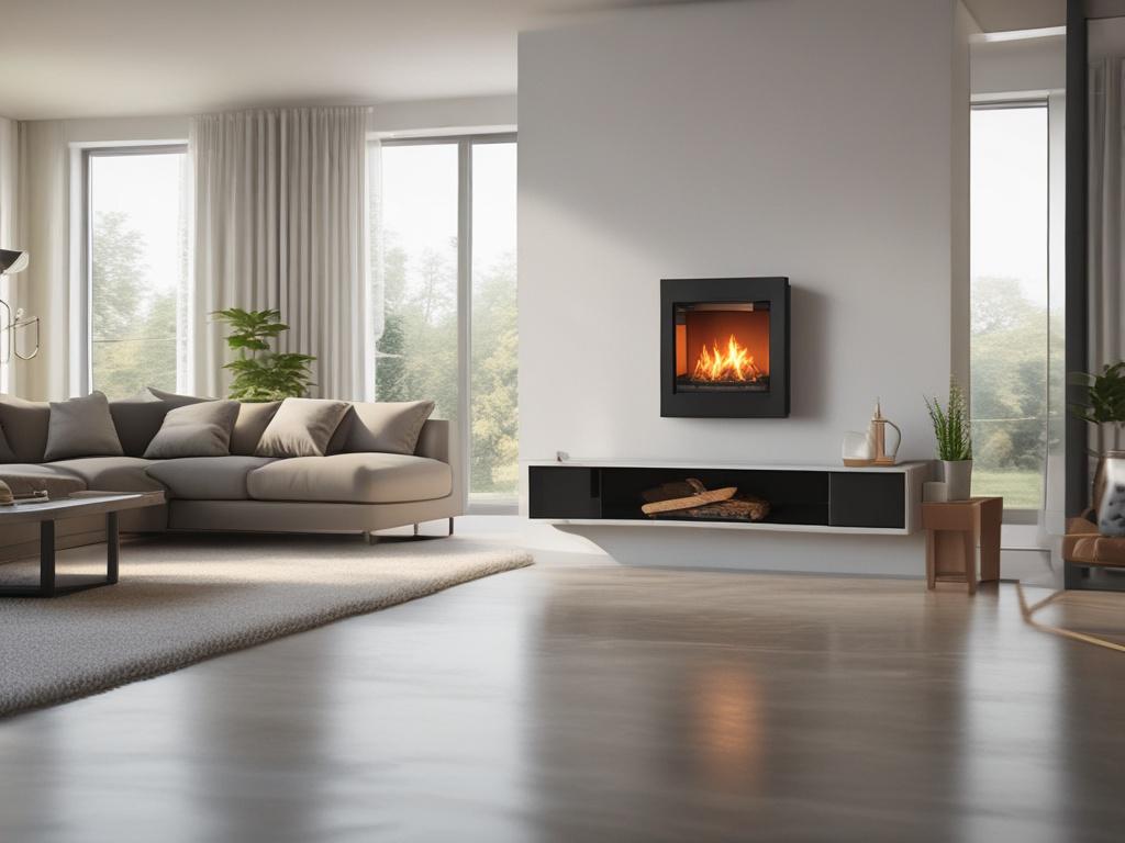 A high-resolution close-up shot of a modern heating system in a stylish home setting. The unit should be sleek and contemporary, with a focus on energy efficiency. The background should feature a cozy living room with a fireplace, emphasizing warmth and comfort. The lighting should create a welcoming atmosphere, highlighting the quality of the heating unit.