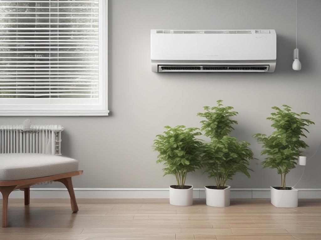A high-resolution close-up shot of a sleek, modern central air conditioning unit installed in a home environment. The unit should be white with a metallic finish, showcasing its design and efficiency. The background should be a soft-focus of a well-decorated living room, emphasizing a clean and comfortable atmosphere. The lighting should be warm, capturing the essence of a cozy home.