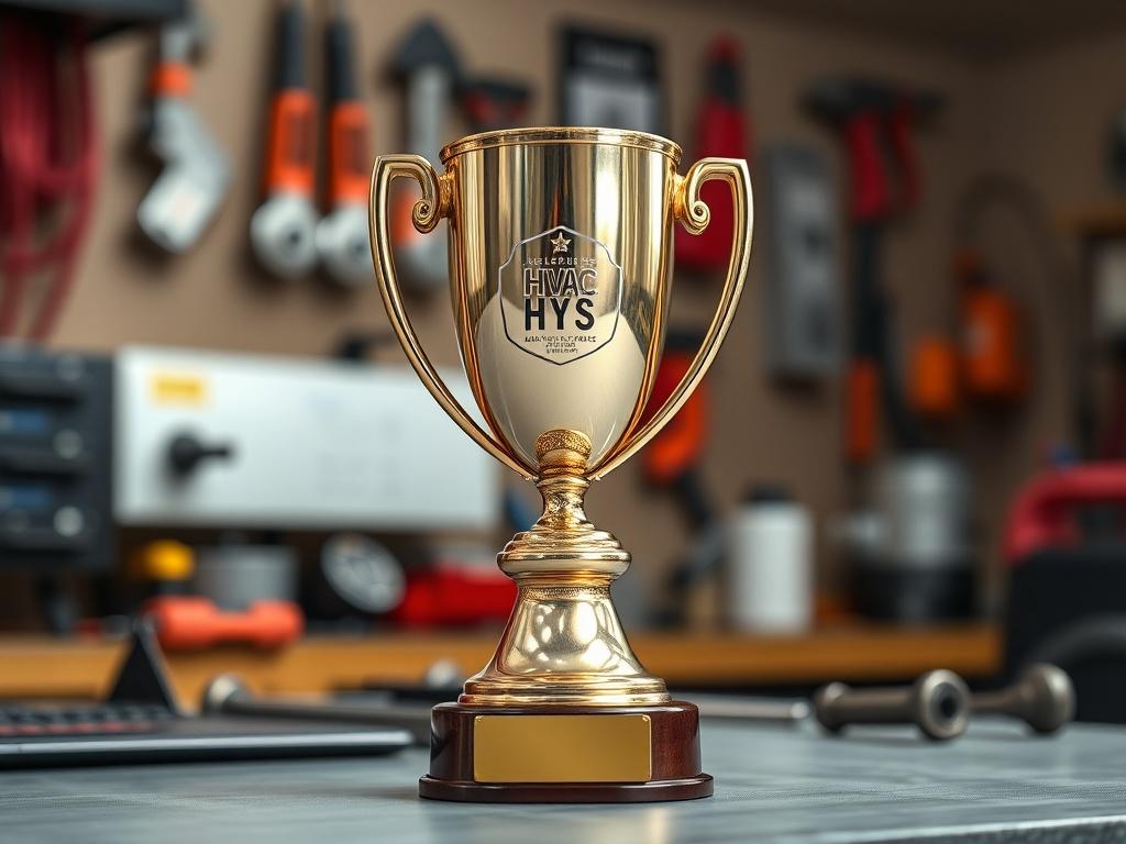 A close-up shot of an award trophy symbolizing excellence in HVAC services, placed on a desk with HVAC tools in the background. The trophy should be shiny and well-lit, reflecting the commitment to quality and service. The background should be a softly blurred workshop setting, capturing the essence of professionalism. The image should be high-resolution, taken with a 45mm f/1.2 lens.