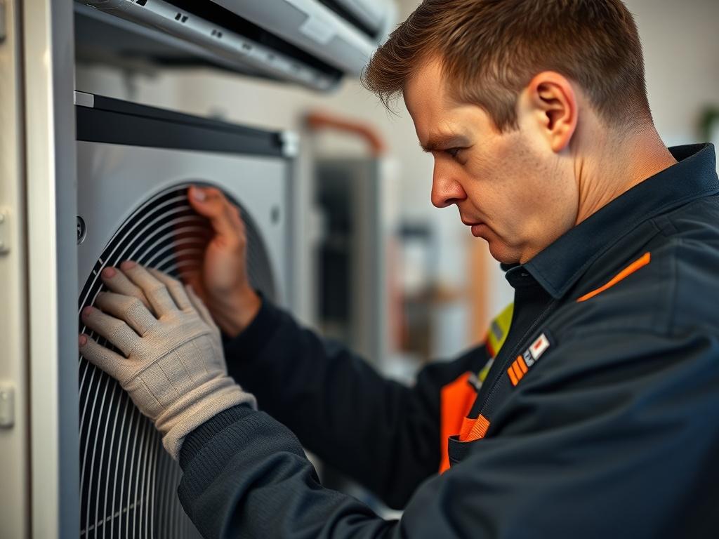 A close-up shot of a licensed HVAC technician inspecting a heating and cooling unit, demonstrating professionalism and expertise. The technician is wearing a uniform with a logo, engaged in a detailed inspection process. The background should be a clean and organized workspace, emphasizing safety and quality service. The image should be high-resolution, taken with a 45mm f/1.2 lens.