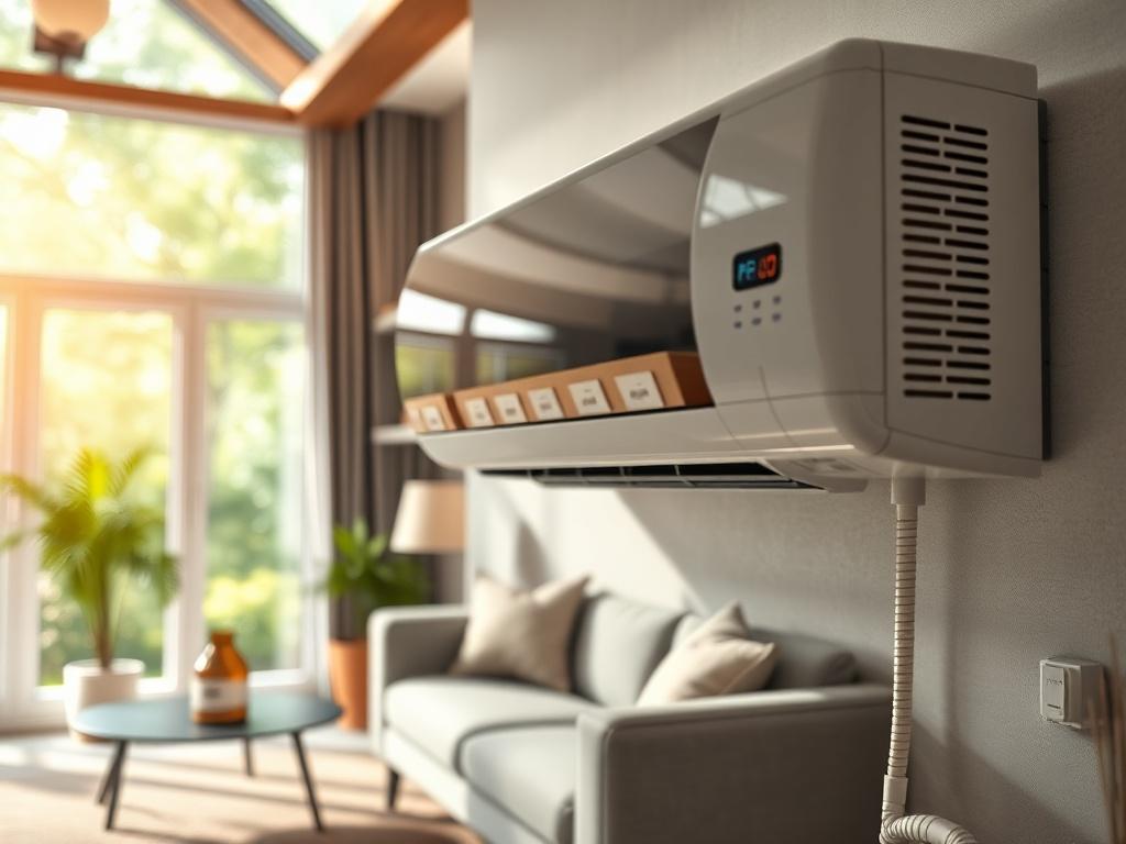 A close-up shot of a modern HVAC system installed in a residential setting, showcasing its sleek design and efficient performance. The background features a cozy living room with natural light streaming in, emphasizing a comfortable indoor environment. The image should be vibrant and realistic, taken with a 45mm f/1.2 lens, highlighting the system in a high-resolution style.