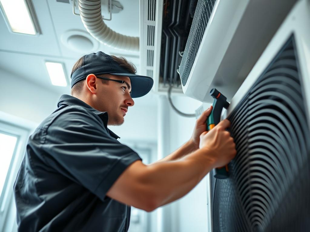A close-up shot of a professional HVAC technician working diligently on a heating and cooling system. The technician is wearing a uniform with tools in hand, displaying focus and expertise. The background is a clean, well-maintained indoor environment, showcasing modern HVAC equipment. The image captures the technician in action, emphasizing reliability and professionalism.