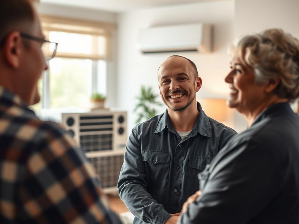 A high-resolution close-up shot of a friendly HVAC technician interacting with a satisfied customer in a well-lit living room, showcasing a modern heating and cooling unit in the background. The setting is warm and inviting, with soft colors that evoke comfort. The technician is wearing a company uniform, smiling and engaging with the customer, who looks pleased and relaxed.