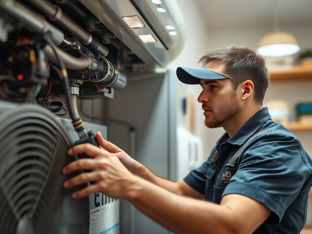 A high-resolution close-up shot of a licensed HVAC technician working on a heating and cooling system in a residential setting. The technician is focused and diligent, showcasing professionalism. The background features a well-organized workspace, emphasizing cleanliness and efficiency. The image should illustrate the technician's expertise and competence.