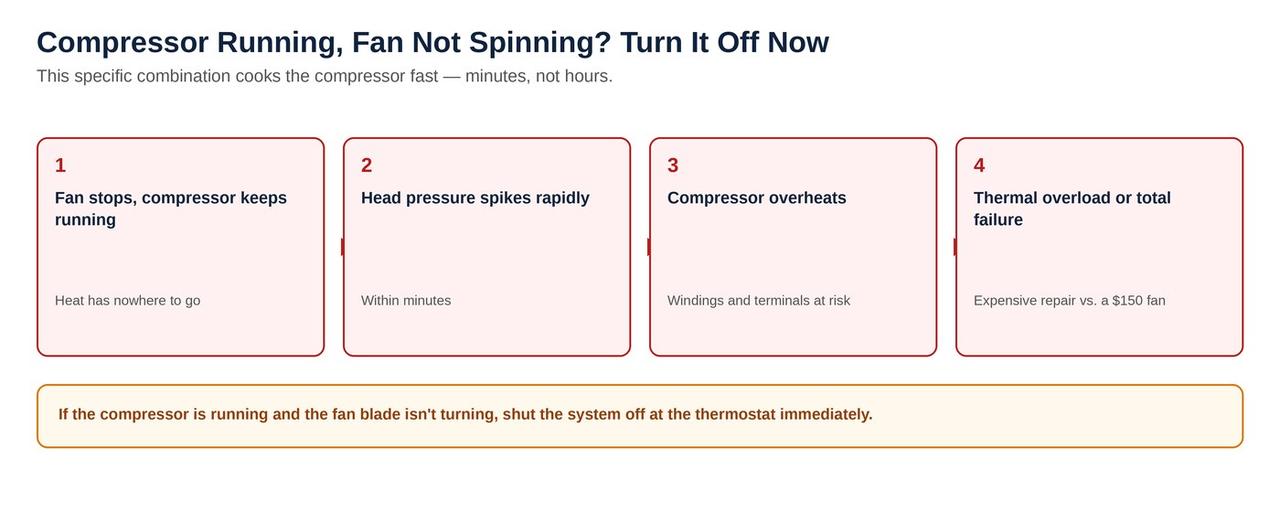 Why a compressor running without the fan spinning is urgent and can damage the system fast
