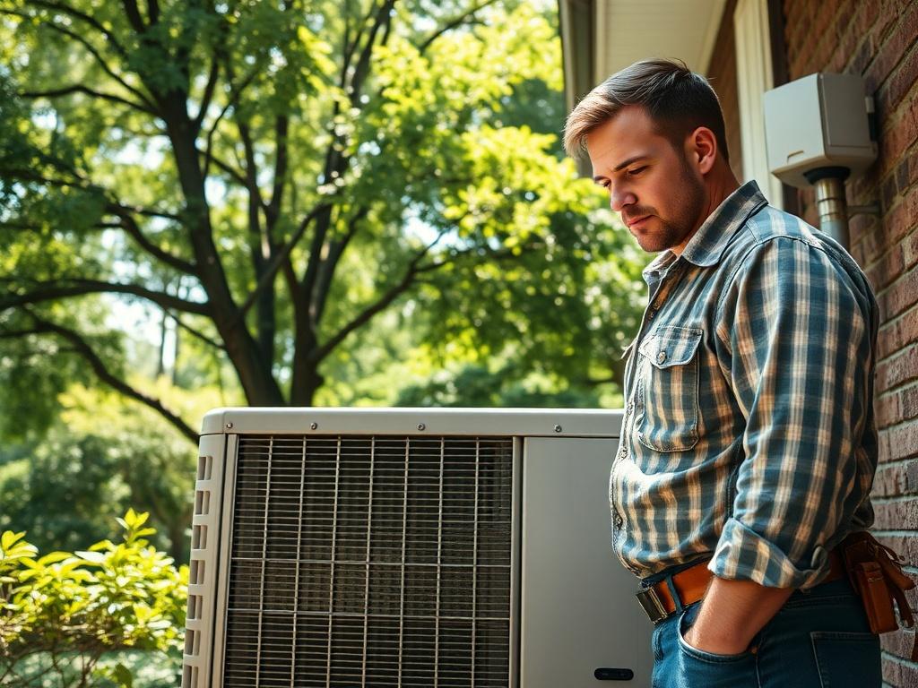 **AI Image Generation Prompt:**

Create a realistic, high-resolution photo that captures the essence of routine air conditioning (AC) maintenance in a residential setting in The Woodlands, TX. The composition should feature a close-up shot of a qualified HVAC technician inspecting the outdoor AC unit of a typical Woodlands home. The technician is wearing professional attire, complete with a tool belt, and focused on checking the unit for maintenance. 

The background should showcase a well-maintained home s