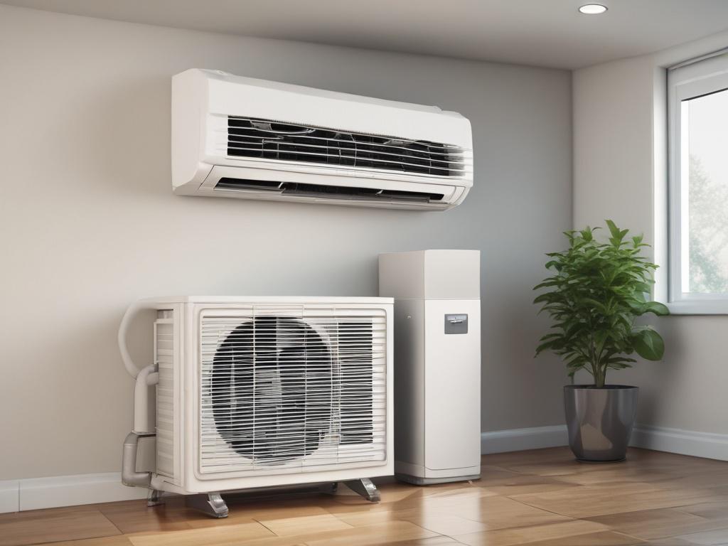 A hyper-realistic close-up shot of a modern air conditioning unit being installed in a luxury home setting. The scene showcases a professional technician carefully positioning the AC unit next to a stylish home entrance with elegant landscaping in the background. The focus is sharp on the AC unit, highlighting its sleek design and features, while the background hints at the upscale neighborhood of Carlton Woods. Soft, natural lighting enhances the ambiance, creating an inviting and professional atmosphere.