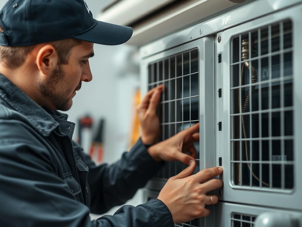 A hyper-realistic close-up shot of a licensed technician expertly repairing an air conditioning unit. The technician is focused on the task, displaying precision and care. The background is softly blurred, showcasing a clean and organized workspace with tools neatly arranged. The image is shot with a 45mm f/1.2 lens to emphasize the technician's skill and the intricate details of the AC unit, while incorporating the primary color rgb(2, 86, 197) subtly in the scene.
