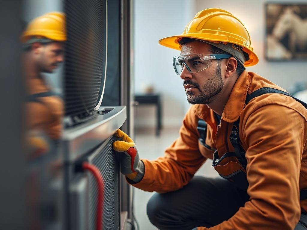 **AI Image Generation Prompt:**

Create a realistic high-resolution photo that emphasizes a single HVAC technician listening intently to an HVAC unit. The technician, dressed in standard work attire complete with safety goggles and gloves, should be crouched beside the HVAC system, showcasing a look of concern as they closely monitor the unit for strange noises. The background should feature a clean, well-lit residential setting that suggests a home environment, perhaps with a glimpse of a living room or ou
