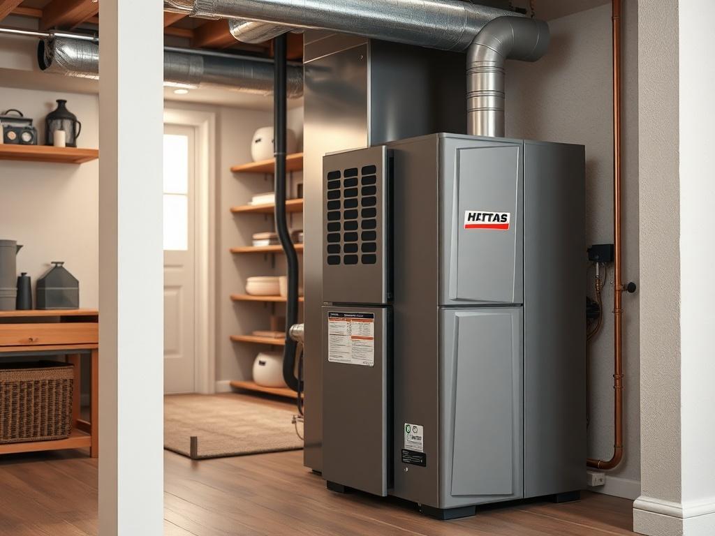 An energy-efficient furnace installed in a home basement, emphasizing its robust design and modern features. The image showcases the furnace in detail, highlighting its efficiency rating. The background features a clean, organized basement setting, enhancing the focus on the furnace. The image is rendered in hyper-realistic style, capturing the intricate details of the unit, compatible with rgb(2, 86, 197).