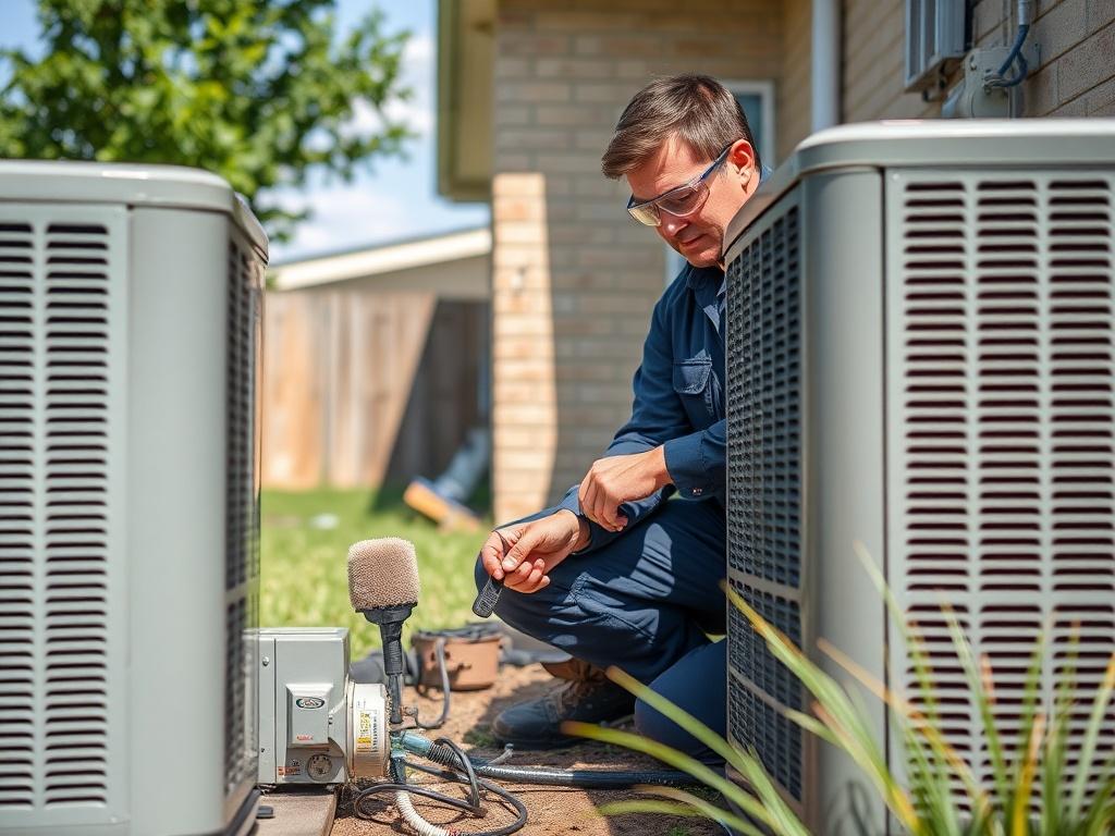 **AI Image Generation Prompt:**

Create a highly detailed, realistic high-resolution photo that embodies the theme of "Prevent Costly AC Breakdowns With Regular Maintenance in Tomball, TX." The image should feature a single subject focused on an HVAC technician performing maintenance on an air conditioning unit. 

**Composition:** 
- Center the technician in a residential setting, such as a backyard or side of a home in Tomball, TX. 
- Capture the technician in a crouched position next to an air conditionin