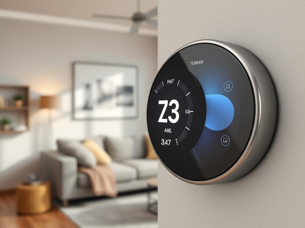 A modern smart thermostat displayed in a stylish home interior. The focus is on the sleek touchscreen interface, showcasing its user-friendly design. The background features a cozy living room setting, highlighting the thermostat’s integration into everyday life. The image is captured in hyper-realistic style, focusing on the details of the thermostat and its surroundings, compatible with rgb(2, 86, 197).