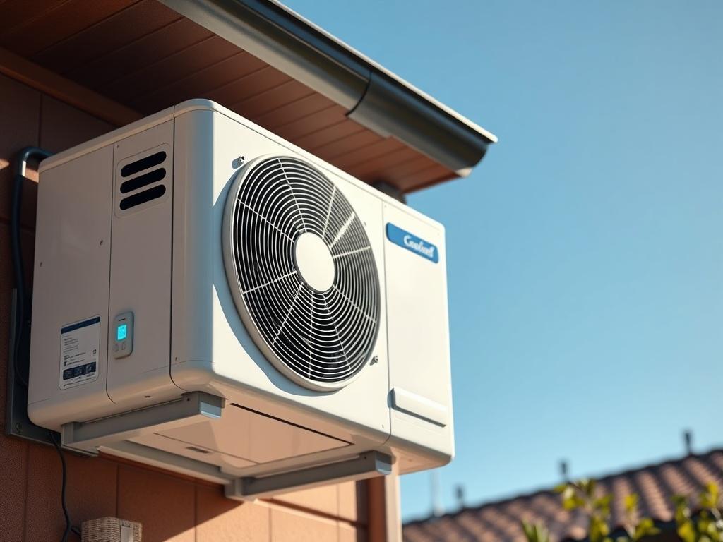 A high-efficiency air conditioner unit installed on the exterior of a home, showcasing sleek design and modern features. The background is a clear blue sky, emphasizing the cooling effect. The focus is on the unit, capturing intricate details and textures, with a close-up shot that highlights its efficient design. The image is rendered in hyper-realistic style, compatible with rgb(2, 86, 197).
