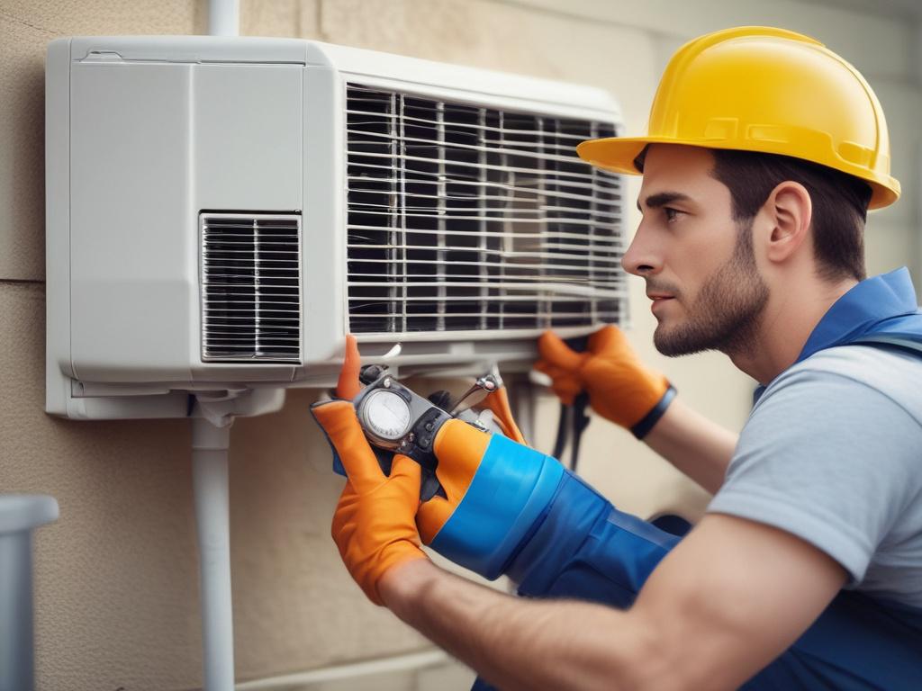A close-up shot of a licensed HVAC technician repairing a modern air conditioning unit in a residential setting. The technician, wearing a uniform and safety gloves, is focused on his work, showcasing professionalism and expertise. The background is softly blurred, emphasizing the technician and the air conditioning unit. The lighting highlights the details of the technician's tools and the sleek design of the AC unit, all rendered in high-resolution with a hyper-realistic style.