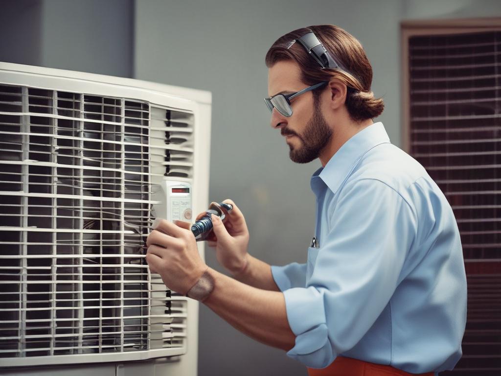 A close-up shot of a professional HVAC technician inspecting an air conditioning unit in a residential setting. The technician, wearing a branded uniform and safety goggles, is focused on checking the refrigerant levels with a gauge. The background features a well-maintained garden and a clear blue sky, emphasizing a sunny Texas day. The overall composition should highlight the technician's expertise and the importance of HVAC maintenance.